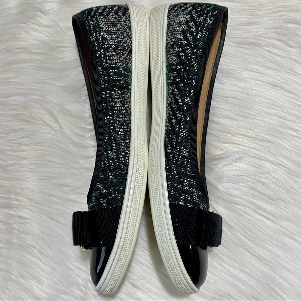Ferragamo Rufina‎ Tweed Patent Leather Flats Green Black 5.5